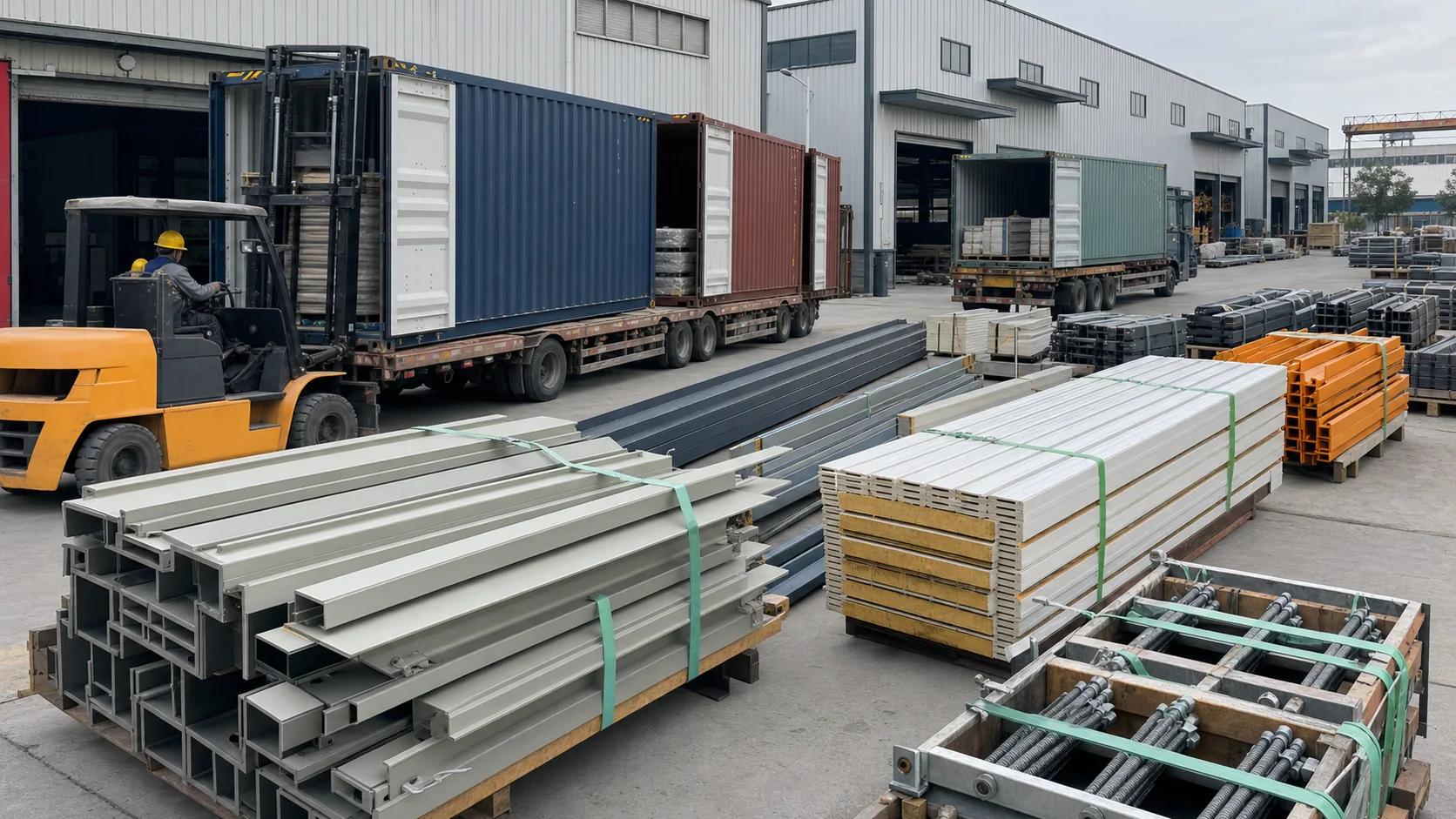 Prefab steel components prepared for export packing