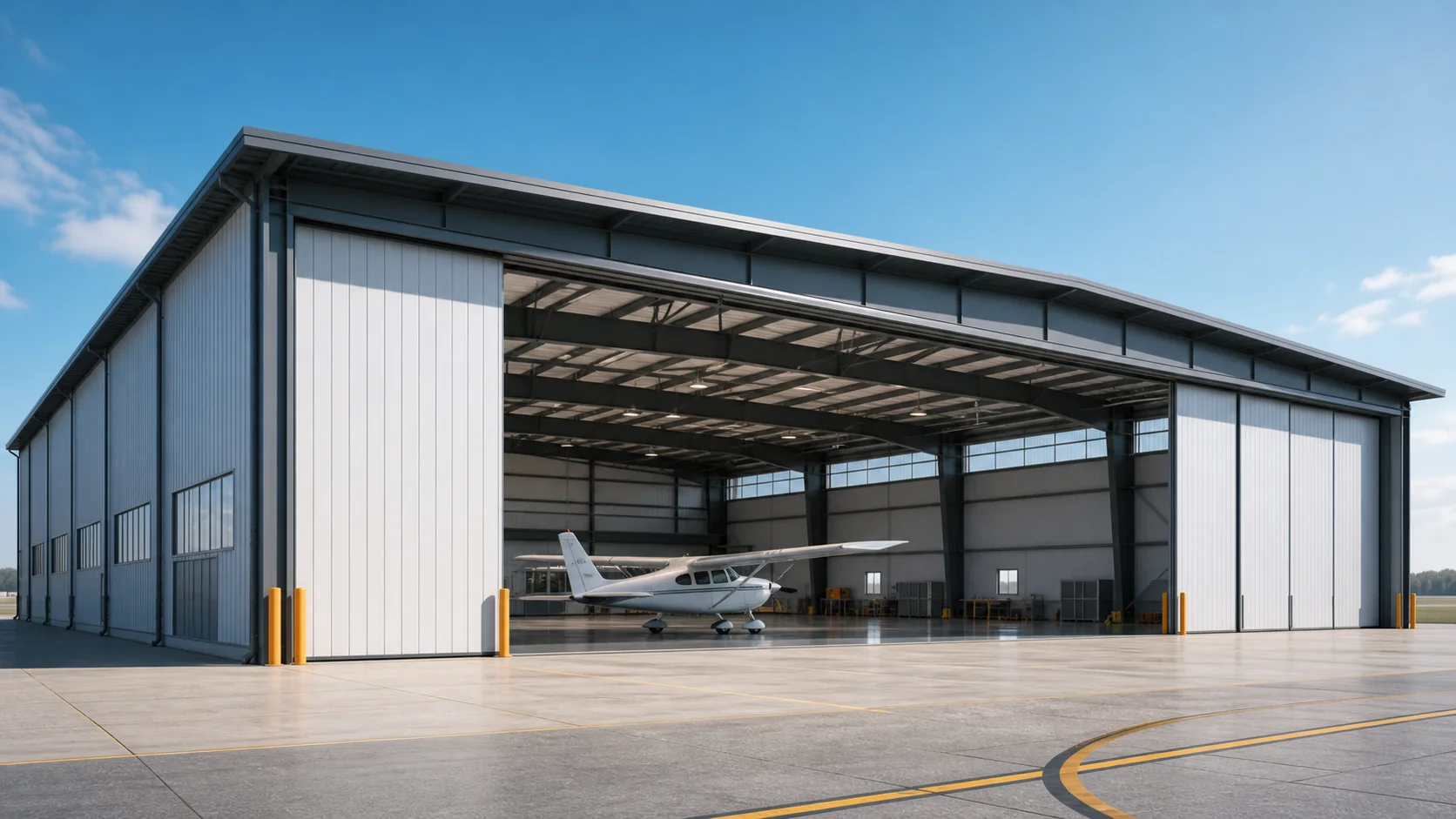 Clear-span steel aircraft hangar with wide door opening