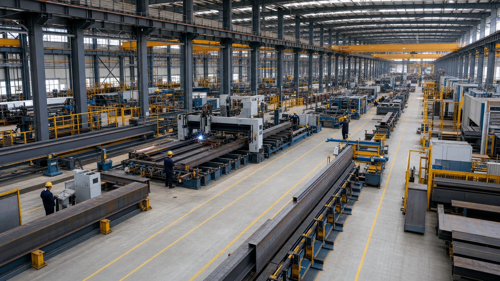 Steel structure fabrication line with H-beams and production bays