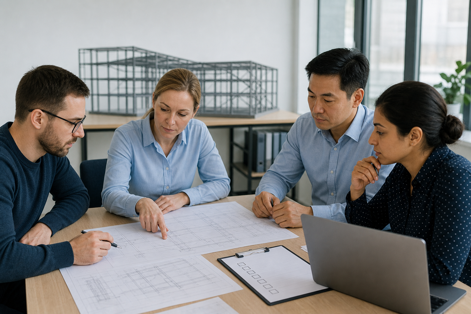 Four project participants reviewing unbranded drawings and a checklist during a steel structure responsibility review meeting.