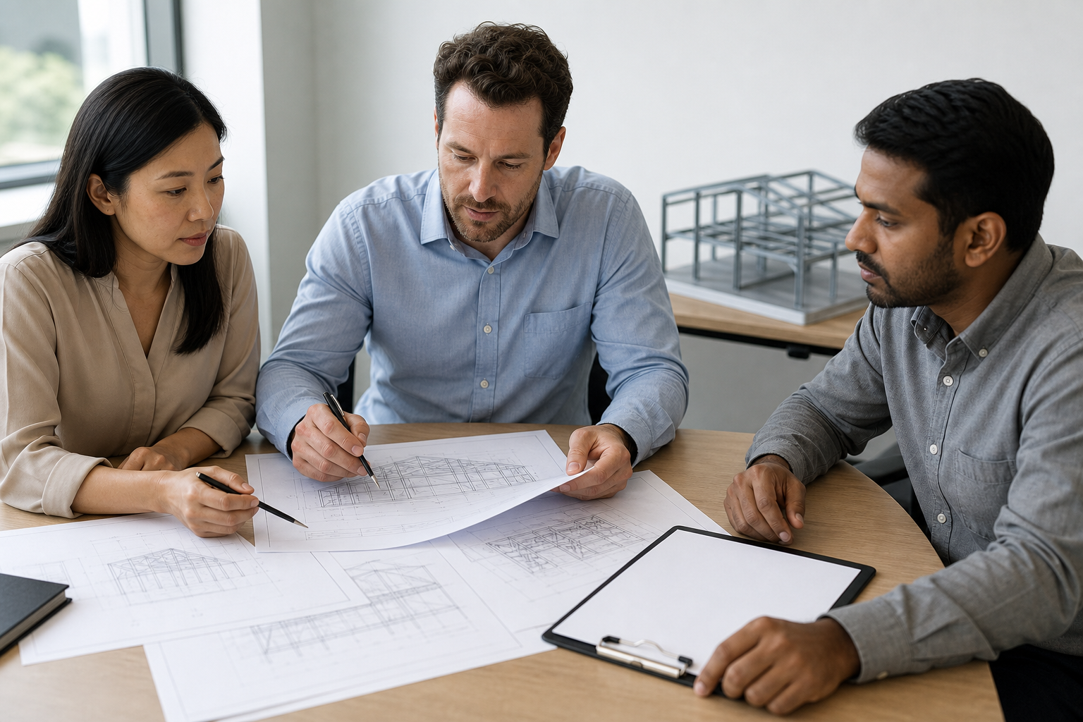 Illustrative meeting scene with three people reviewing steel structure drawings beside a blank clarification log.
