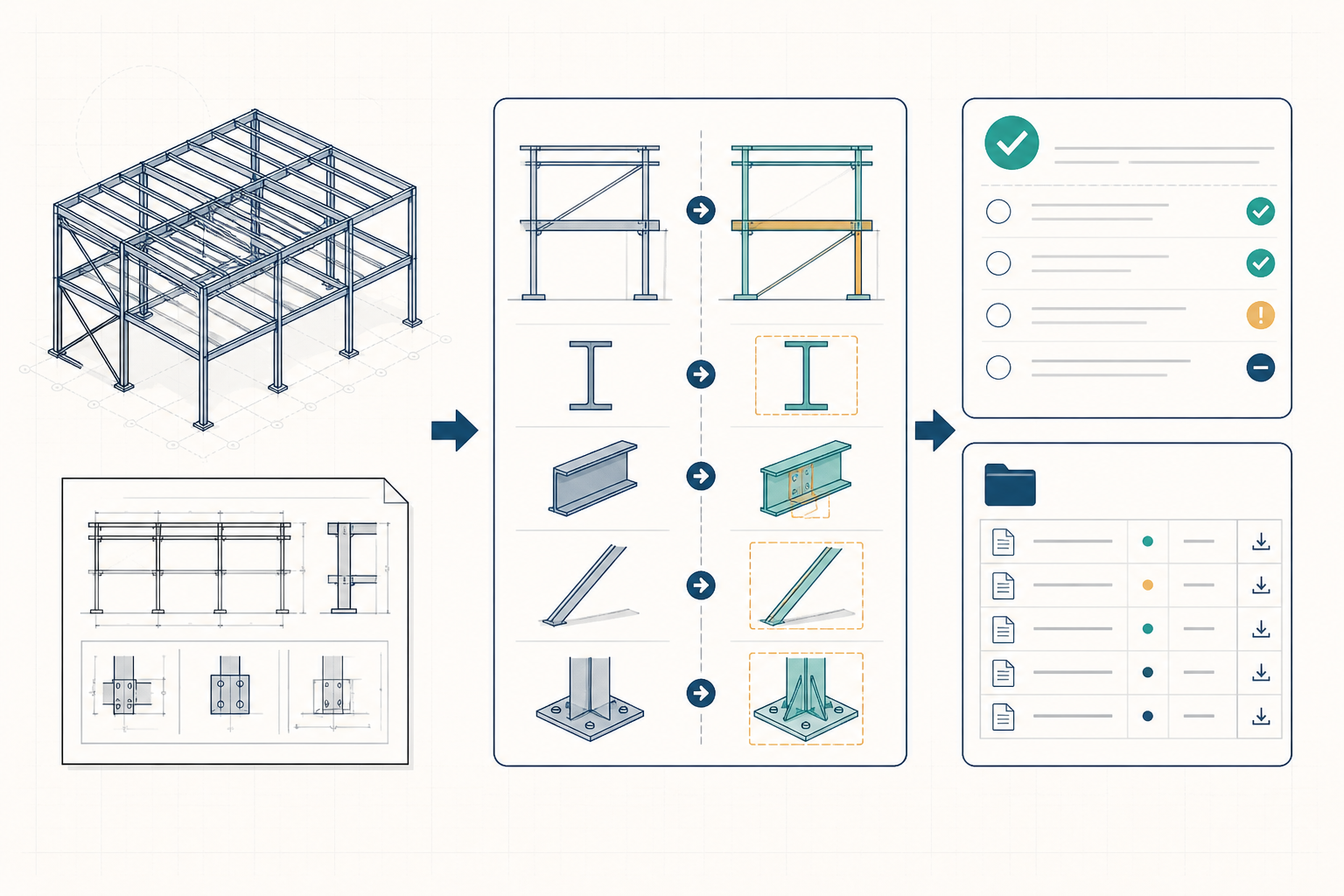 Explanatory diagram of a steel structure drawing revision, comparison steps, and a change-control record