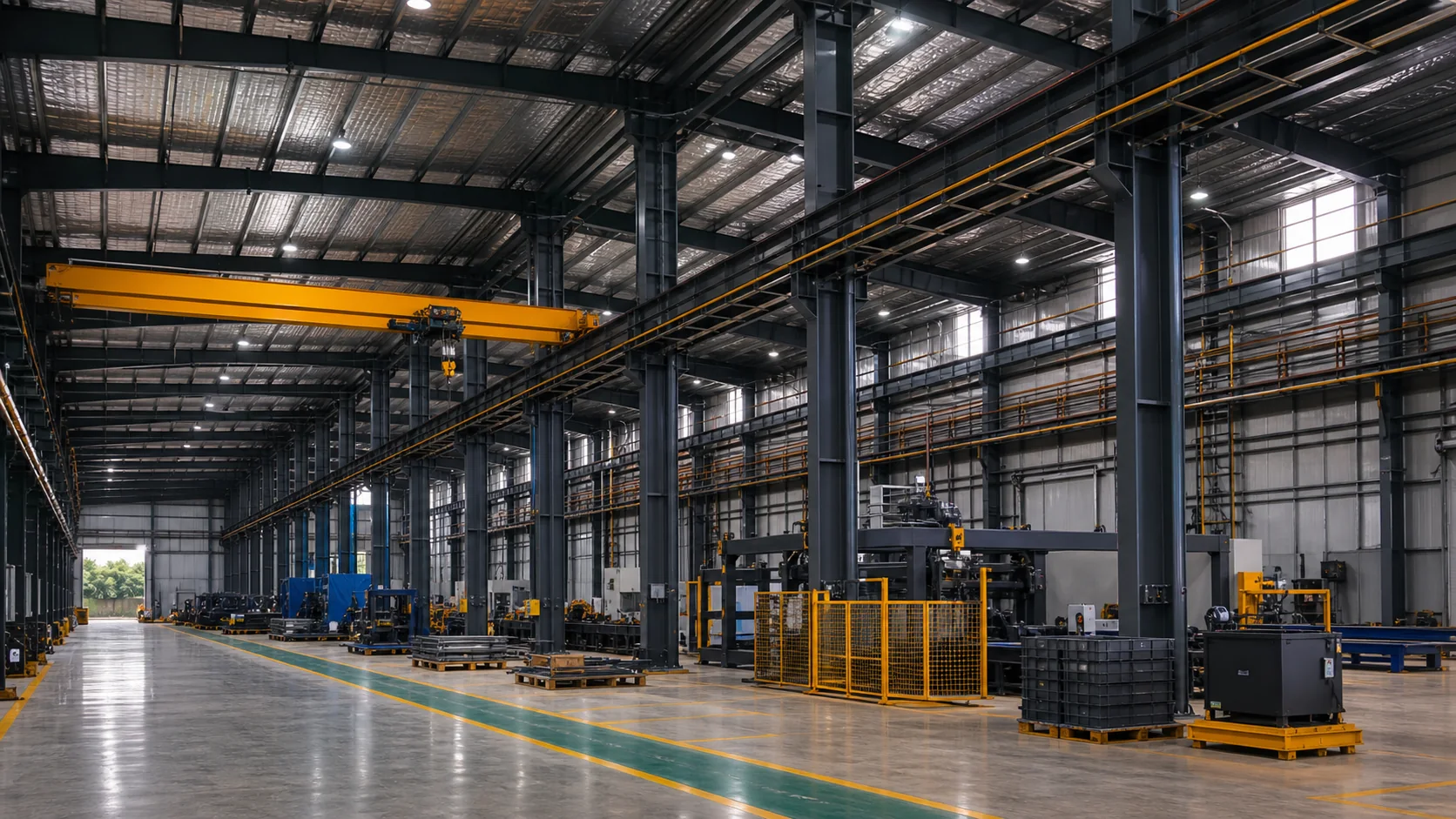 Steel workshop building with crane runway beams