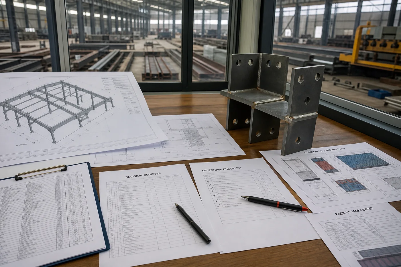 Steel structure drawings, revision records, checklist, and connection sample used for China-side project coordination
