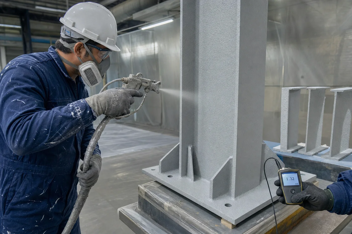 Worker applying gray intumescent fireproof coating to a steel column with wet-film thickness checks