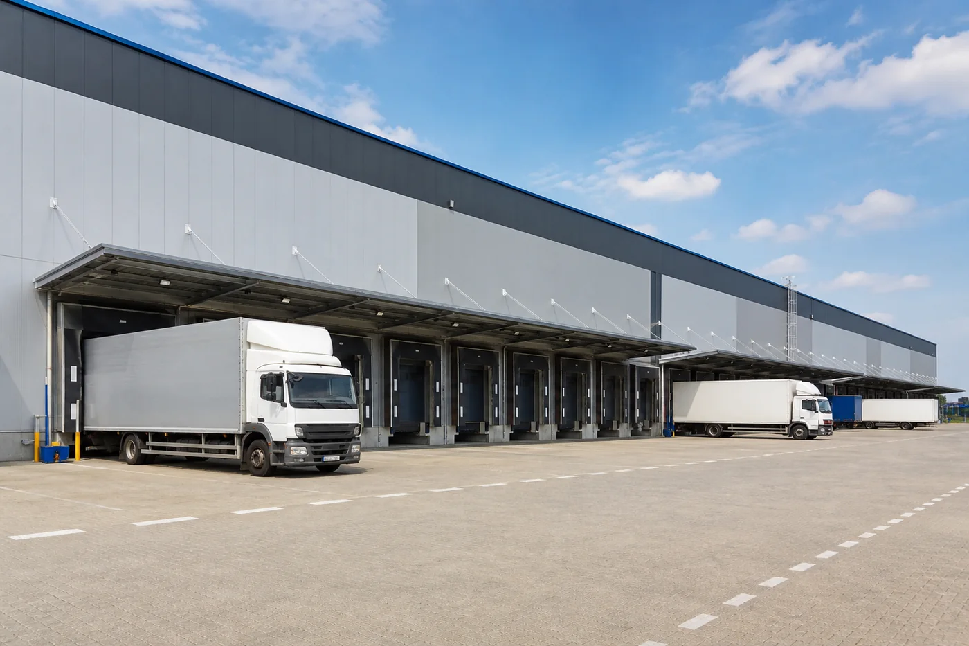 Modern steel logistics warehouse with loading docks, dock shelters, and trucks at an industrial park