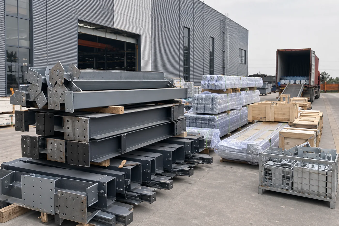 Bundled prefab steel building members, purlins, accessories, and export crates prepared beside a container