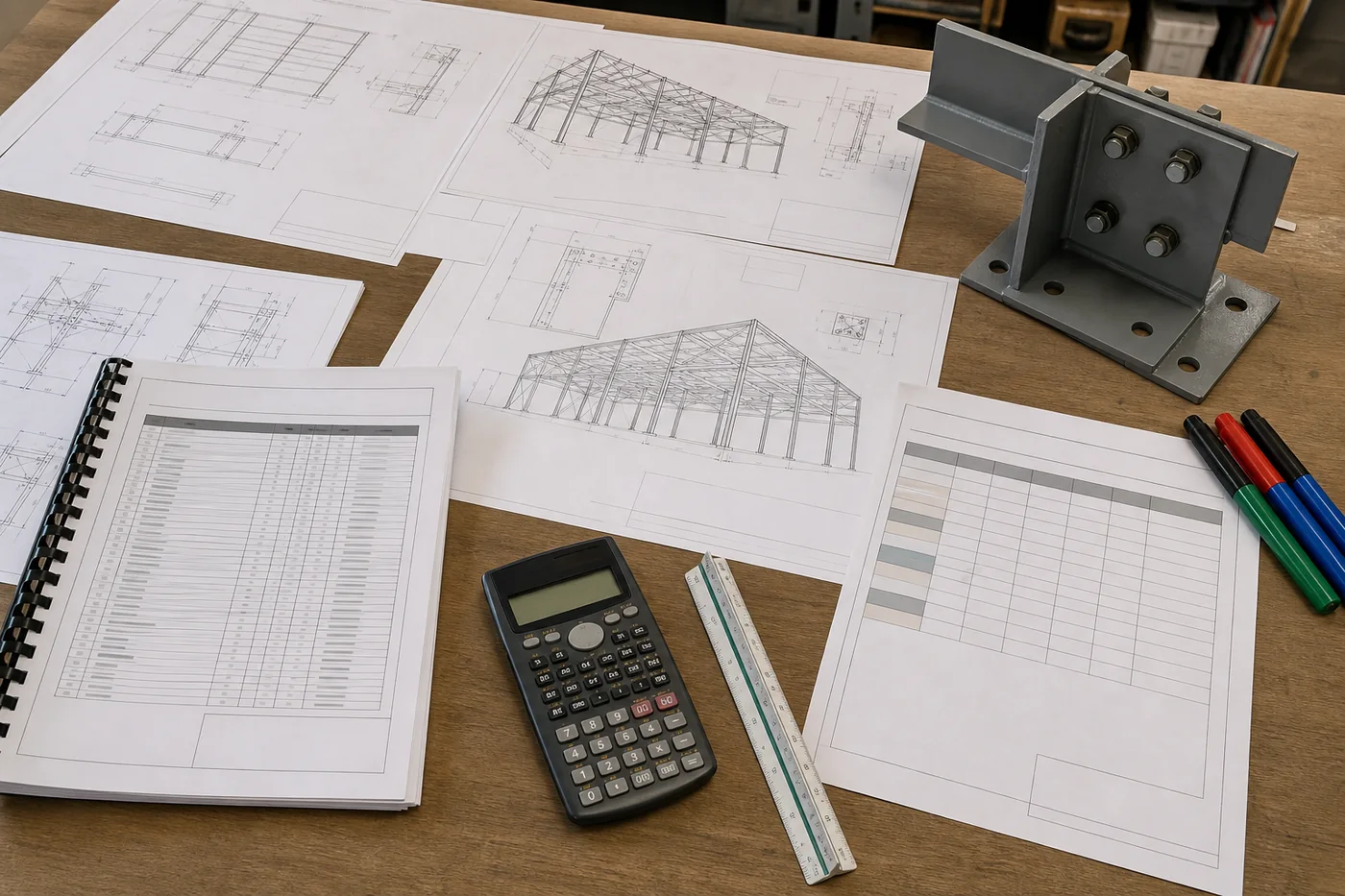 Steel structure drawings, quantity sheets, calculator, scale, and connection sample prepared for quotation review