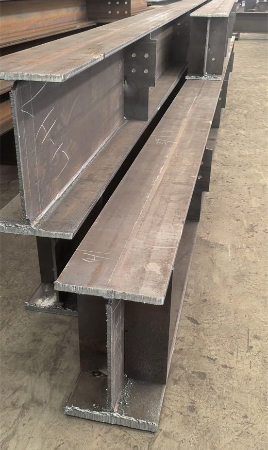 Finished steel I beams in a storage yard reference
